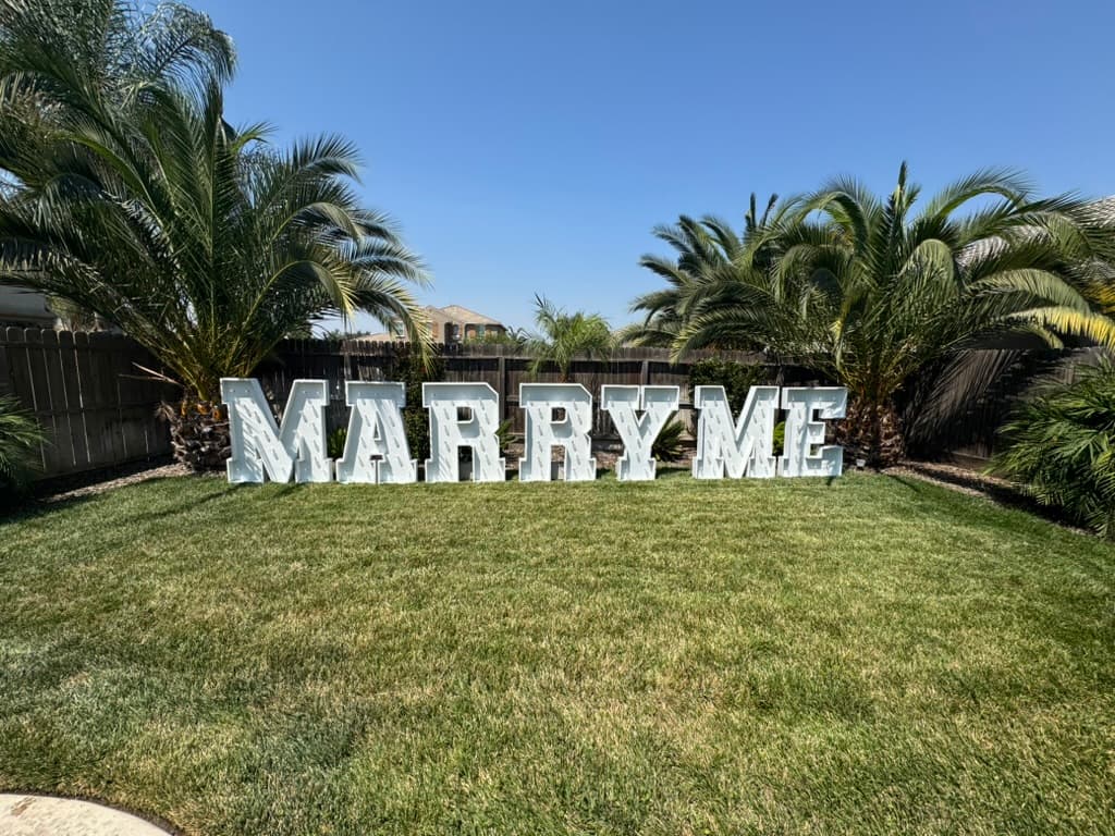 Marry me marquee letters on a lawn for a proposal